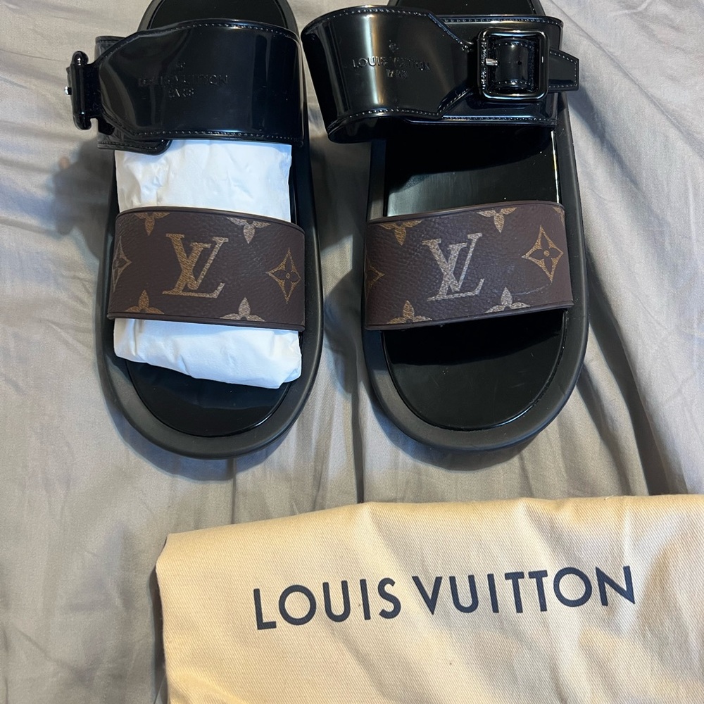 Louis Vuitton Black and Brown Monogram Slides